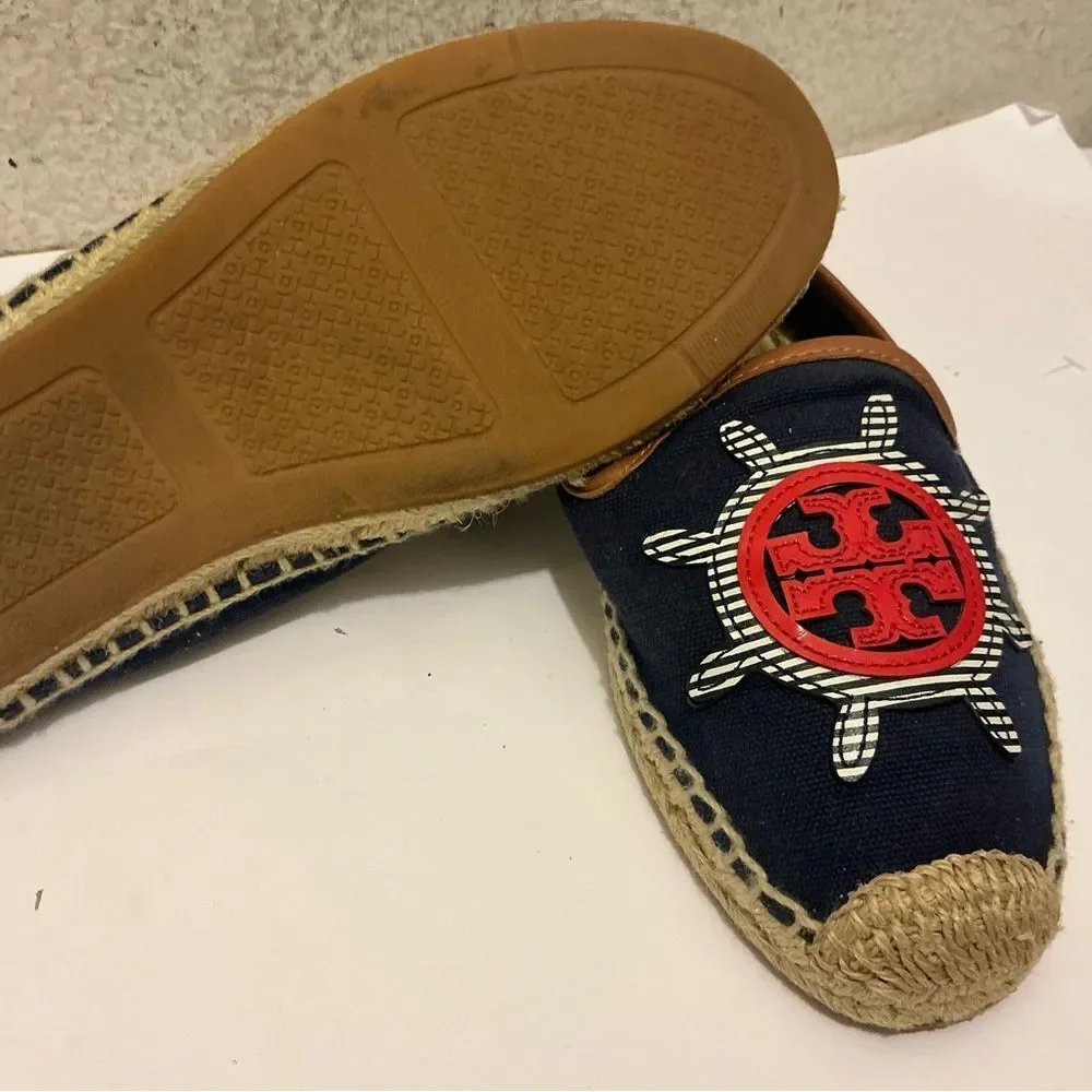Tory Burch Nautical Navy Blue Canvas & Leather Espadrilles size 10